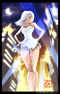 breasts drawing giantess white_hair panties city mega upskirt color destruction blue_eyes rampage cleavage anime angry superhero moon ginormica dress short_hair wedding_dress fire lineart cruel idkura night bride monsters_vs_aliens ripped_clothing hands_on_hips spotlight bare_legs susan_murphy dreamworks