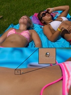 giantess collage micro multiple_giantesses shrunken_men unaware close_up sunglasses sun_bathing sunny navel_ring