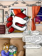 drawing giantess furry macro cat anthro comic color destruction green_eyes fox clean scared surprised halloween pumpkin humor fangs chaswari hiding houses indoors dialogue sharp_teeth decorations cracked_wall