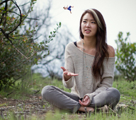 giantess collage long_hair jeans asian shrunken_men sitting hand teasing outdoors sweater toejam necklace toss