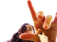 collage brunette hand shrunken_man grabbing