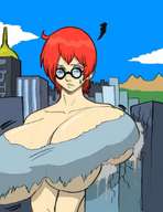 drawing giantess city mega color destruction cleavage glasses anime huge_breasts breast_crush red_hair short_hair freckles ripped_clothing