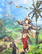 drawing giantess mega color fantasy anime dress boots unknown_artist shrunken_men village outdoors japanese_text