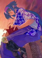 drawing giantess mega color long_hair anime blue_hair unknown_artist shrunken_men sitting japanese_text bento