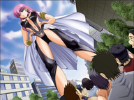 drawing giantess city mega color anime purple_hair konna_mahou_shoujo_atashi_wa_remi outdoors point_of_view cape crowds giantessmega