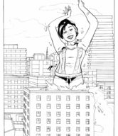 drawing growth giantess panties city monochrome black_hair destruction handheld anime outgrowing_building shrunken_men falling corset molotav