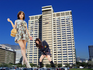 giantess collage masturbation city black_hair high_heels multiple_sizes asian dress uniform giantesses vehicles
