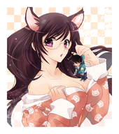 drawing gentle giantess color large_breasts long_hair handheld glasses anime purple_eyes hand shrunken_man cat_girl oluha