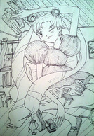 drawing growth giantess mega monochrome destruction anime sailor_moon unknown_artist indoors outgrowing_room