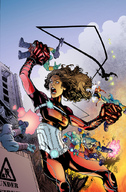 breasts drawing giantess mega color handheld gun buildings anime brunette superhero fighting costume doom_patrol dc_comics elasti-girl robotman negative_man rita_farr