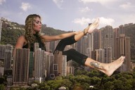 collage city mega blonde destruction barefoot sitting curly_hair tattoo trees