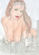 drawing giantess city mega color long_hair destruction green_eyes huge_breasts gloves tarrass20020 olivier headband