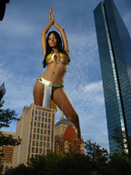 giantess collage city black_hair low_angle navel clouds genie trees sexy_dance