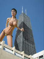 breasts giantess collage city large_breasts topless low_angle shadow sky sunny dakr_hair navel_ring