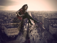 giantess collage city long_hair high_heels traffic brunette stockings dress sitting curly_hair aristoc