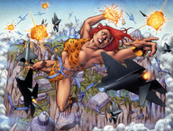 drawing giantess feet city mega comic color destruction barefoot anime military giganta red_hair hand airplane clouds bracelet leopard_print dc_comics bare_midriff
