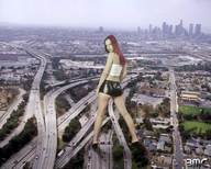 giantess city high_heels red_hair short_shorts highway leather big_ass looking_back looking_at_viewer