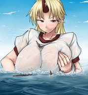 giantess giga ochiko_terada ocean wet touhou huge_breasts breast_crush yuugi_hoshiguma