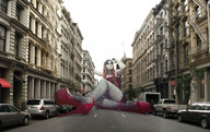 giantess collage city high_heels red_hair sitting legs fishnets streets vehicles
