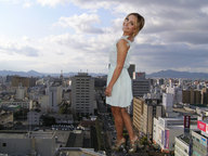 giantess collage city blonde high_heels smiling sky rings white_dress docop hayden_panettiere