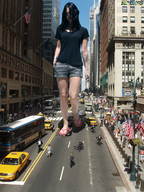 breasts giantess crush collage feet city mega black_hair destruction traffic sandals amazon shorts bus running vehicles beregous flag vehicle_crush