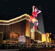 breasts giantess collage city skirt brunette low_angle wonderslug short_skirt night spot_lights las_vegas knee_high_boots stars