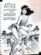 breasts drawing giantess city mega monochrome black_hair armor handheld buildings boots parody highway straddling wonder_woman leotard bracelet tiara running_away lasso attack_of_the_50_foot_woman dc_comics