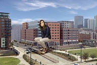 giantess collage city bridge celebrity sitting sneakers leather_coat pedestrians ellen_page