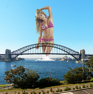 giantess collage city blonde swimsuit water smiling wonderslug looking_down sunny sydney harbour melissa_giraldo sydney_opera_house sydney_harbour_bridge