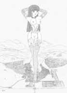 breasts drawing giantess crush pussy feet city mega high_heels anime fishnets lineart blazehammer