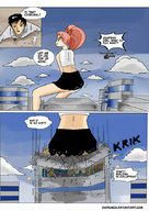 drawing giantess city comic color destruction helicopter red_eyes pink_hair giorunog comic_preview sitting_on_building
