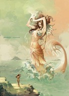 giantess nude long_hair water ocean wet brunette mermaid waves monster_girl head_fins scales wind