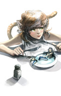 drawing furry tail color tongue water brunette mermaid yellow_eyes fork shrunken_woman cat_girl bowl monster_girl licking_lips knife salt_shaker slit_pupils imminent_vore no_background