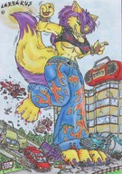 breasts drawing crush furry macro city color destruction clothed rampage purple_hair blood cerberus vehicles vehicle_crush oil_tanker boombox