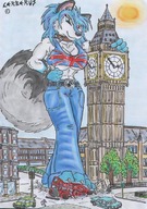 drawing giantess furry macro tail anthro city color bridge destruction clothed barefoot buildings blue_hair paws foot_crush cerberus bus funny standing vehicles trees clock_tower vehicle_crush big_ben source_needed