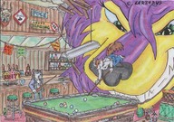 gentle furry macro color green_eyes cerberus funny bar pool_table purple_fur