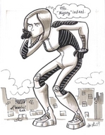 breasts drawing giantess city mega monochrome large_breasts destruction anime giganta boots drink costume bar jumpsuit danielle zipper dc_comics thought_bubble