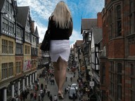 giantess collage blonde skirt high_heels streets handbag pedestrians behind_view