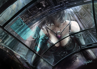 breasts drawing giantess city color long_hair clothed cleavage anime brunette gloves scifi elbow_gloves hayaken science_fiction witch_hat