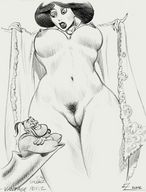 breasts drawing pussy monochrome pubic_hair anime low_angle shrunken_man julius_zimmerman genie jasmine aladdin disney