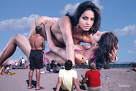 breasts collage swimsuit beach water brunette noboss fighting people giantesses hair_pull