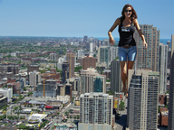 giantess collage city black_hair smiling shorts sunglasses sky sunny