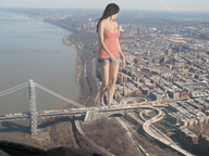 collage city mega black_hair bridge traffic shorts looking_back top