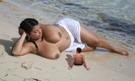 breasts collage beach wet lying_down unknown_artist shrunken_man sand looking_at_tiny