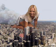 city mega blonde destruction high_heels smiling kneeling hand looking_down skyscrapers smoke microjb dust jenni_czech