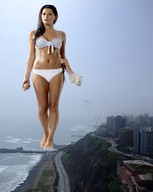 collage city mega black_hair swimsuit barefoot ocean wet coast knife wet_hair shells